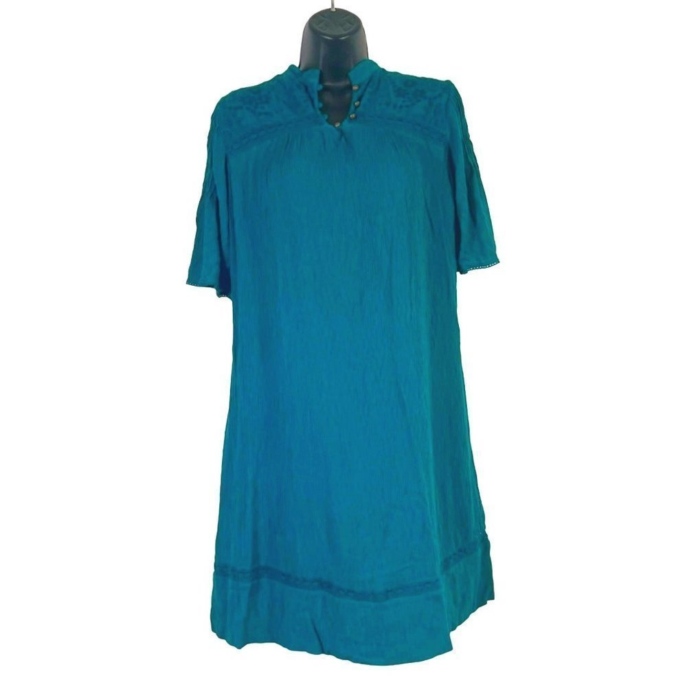 ANTHROPOLOGIE Meadow Rue teal dress size 8 short sleeve, stretch, mid length